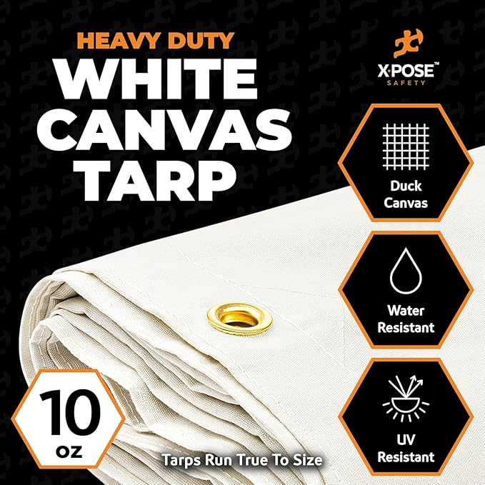 Xpose Safety Canvas Tarp - 10oz White Canvas Tarps Heavy Duty Water Resistant with Brass Grommets- Multipurpose Outdoor Tarpaulin for Camping, Canopy, Trailer, Equipment Cover 7' x 9' (2 Pack)