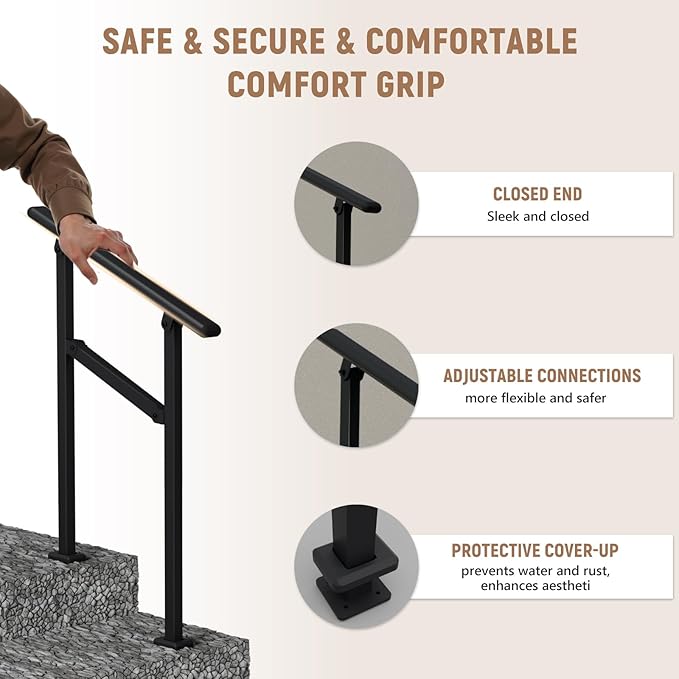 Hand Rails for Outdoor Steps,1-2 Step Railing for Stairs,Adjustable Porch Railing,Hand Rails for Seniors,Outdoor Deck Handrails for Exterior Steps,Black