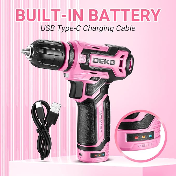 Cordless Drill：DEKOPRO 12V Power Drill Set with Pink 800RPM Electric Drills with Tool Set Gift Box, Pink Drill Set for Women