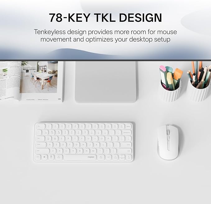 Rapoo 9050S Multi-Device Keyboard and Mouse Combo, 2.4GHz/Bluetooth 5.0/4.0 Wireless Keyboard & Mouse Set for Windows/Mac/Linux/Chrome, Support 4 Devices, Rechargeable, Silent Click, White