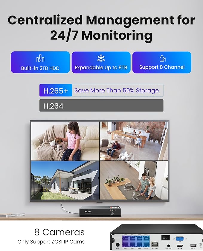 ZOSI 4K 8MP 8CH PoE Security Camera System, 4pcs 3K 5MP C186 Aurora Lux True Full Color Night Vision Outdoor Indoor PoE Wired Cameras, Person/Vehicle Alerts, Light & Siren, Two-Way Talk, with 2TB HDD