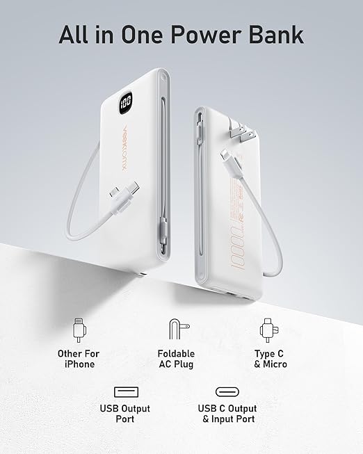 VEEKTOMX Portable Charger with Built in Cables 10000mAh, Power Bank for iPhone with Wall Plug, Travel Essential Fast Charging USB C Slim External Battery Pack for iPhone16/15/14, Samsung, iPad, etc