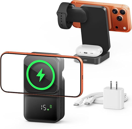 GUSGU 3 in 1 Wireless Charging Station with Real-Time Power and Time Display, Foldable Charging Stand, Compatible with iPhone 17/Air/16/15/14/13/, Apple Watch Series 11/SE3/ Ultra 3, AirPods Pro 3