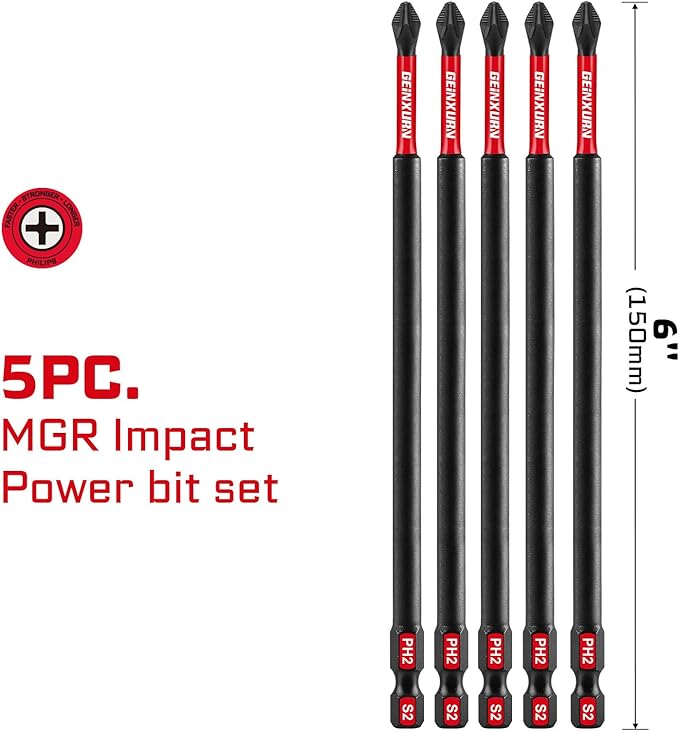 Impact Tough #2 Phillips 6 in. Anti-slip Head Insert Driver Bits,5Pack 1/4 Inch Hex Shank Long Cross Magnetic PH2 Screwdriver Bits Set