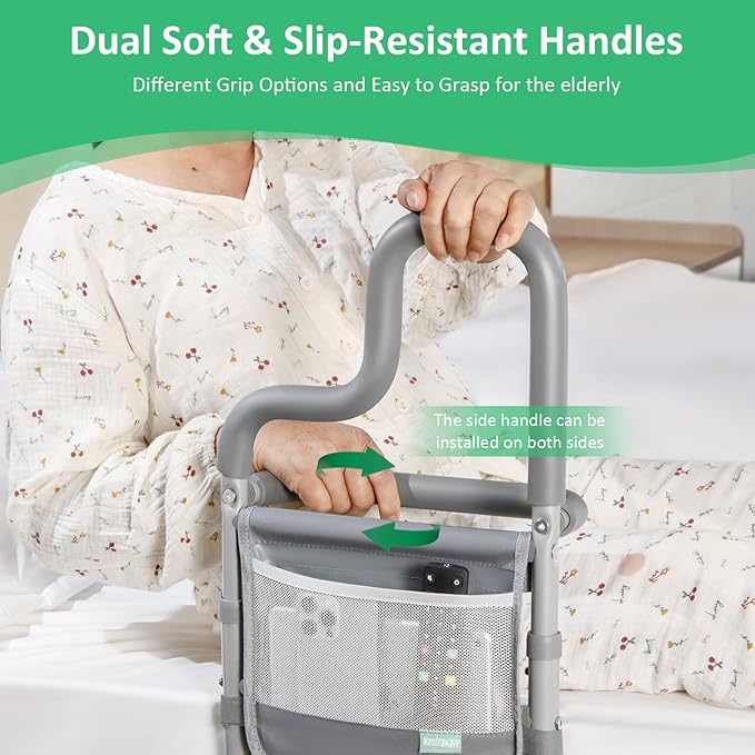 Dual Bar Bed Rail for Elderly Adults Safety with Storage Pocket, Bed Assist Rail for Seniors for Easily Getting in & Out of Bed, Bed Rails Fits King, Queen, Full, Twin Bed - Grey