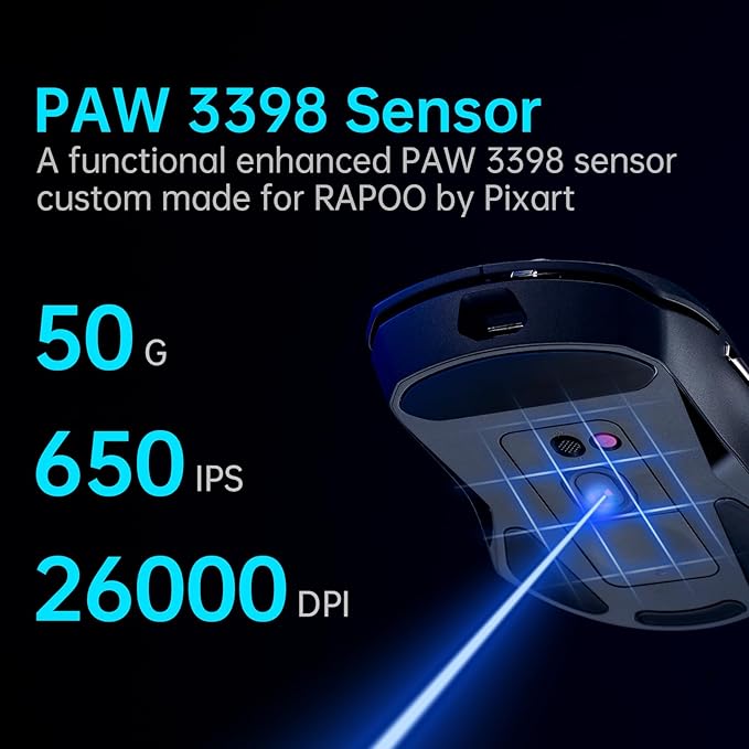 Rapoo VT9Pro Wireless Gaming Mouse - Esports Grade Performance Gaming Mice, PAW 3398 Sensor, 26000 DPI, 1ms Response Time, 68g Lightweight, 10 Programmable Buttons, Long Battery Life, Black