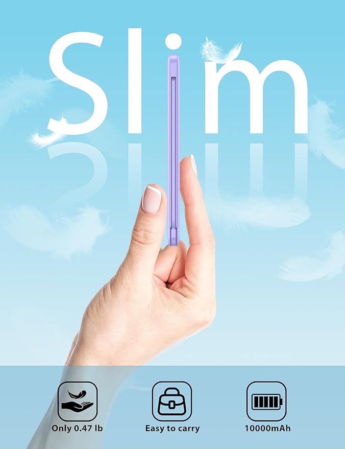 miisso 10000mAh Slim Portable Charger with Built in Cable, Power Bank Travel Charger External Battery Pack for Phone, 4 Output USB Type C Cord Clutch Charger Compatible with iPhone, Purple