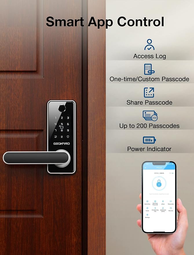GEONFINO Smart Door Lock, Sliver Keyless Entry Lock with Handle, Front Door Lock with Keypad, Fingerprint Safe Lock with Bluetooth, App Electronic Door Locks for Front Door, Home