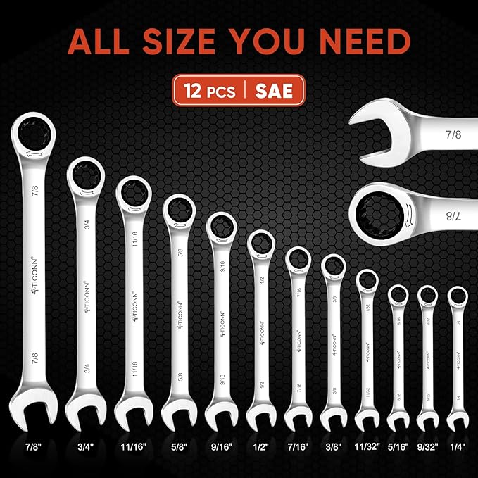 TICONN 12PCS Ratcheting Wrench Set, Professional Slim Profile Mechanic Cr-V Ratchet Wrench Set with Organizer Rack (12PCS Inch (SAE))