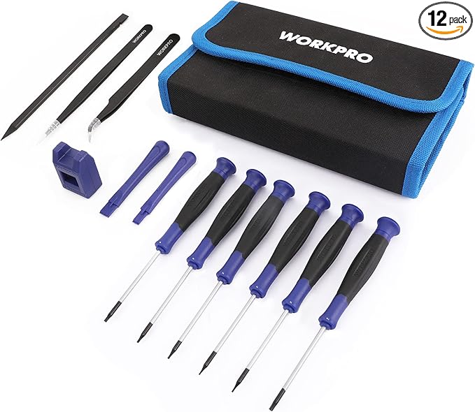 WORKPRO 12 in 1 Torx Screwdriver Set with T3 T4 T5 T6 T8 T10 Security Torx Bit & Tweezers, Precision Magnetic Screwdrivers, Pry Bars, Spudger for Eyeglass, Watch, Computer, Laptop, Phone, with Pouch