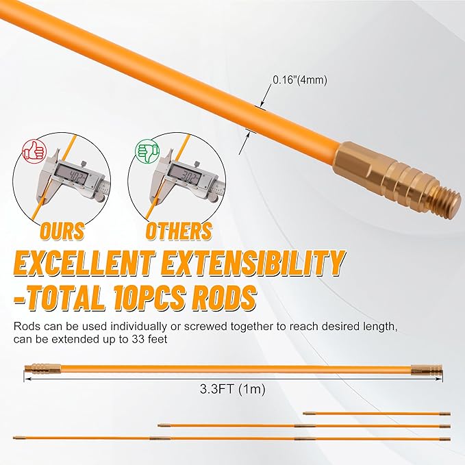 KOOTANS 33FT Fiberglass Running Electrical Wire Cable Glow Rods Wire Pulling Tools Fish Tape Wire Puller Through Wall Cable Snake Fish Rods Kit with Different Attachments