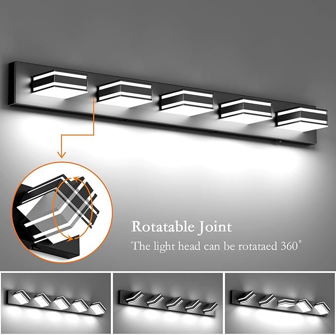 Ralbay 40.5inch Black Vanity Light with 5 Color Temperatures (3000K-6000K) Dimmable Metal Acrylic Modern LED Matte Black Bathroom Lighting Over Mirror (5-Light)