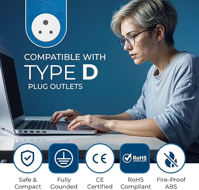 OREI India, Nepal, Maldives Power Plug Adapter with 2 USA Inputs - Travel 3 Pack - Type D (US-10) Safe Grounded Use with Cell Phones, Laptop, Camera Chargers, CPAP, and More