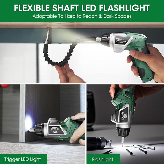 Electric Screwdriver Cordless Set, 3.6V Power Screwdriver Rechargeable with Light, Green Screw Gun with Pivoting Handle and Drill, 49 Pcs Accessories, 6+1 Torque Setting, 2000 mAh Battery