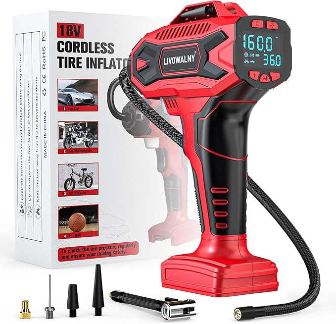 Tire Inflator Air Compressor Compatible with Milwaukee 18V Battery, LIVOWALNY 160 PSI Cordless Portable Electric Air Pump 2025 Bigger LCD Digital Pressure Gauge for Car, Bike, Sport Ball (No Battery)