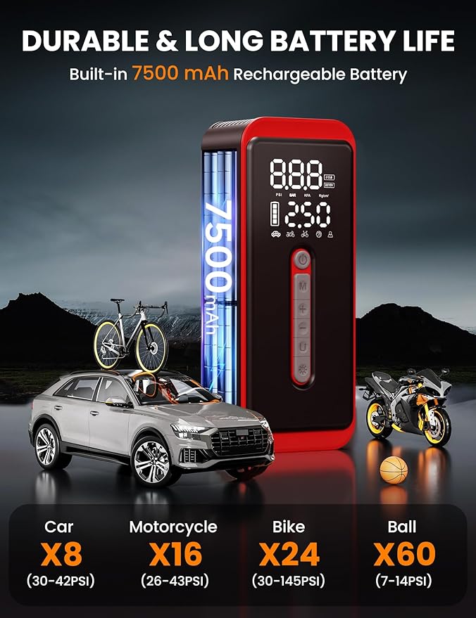 ROTOPATA Electric Tire Inflator Portable Air Compressor 12V DC, 150PSI Cordless Air Pump with LED Light & Digital Pressure Gauge for Car Bike Motorcycle Wheel Ball Inflatable(Red)