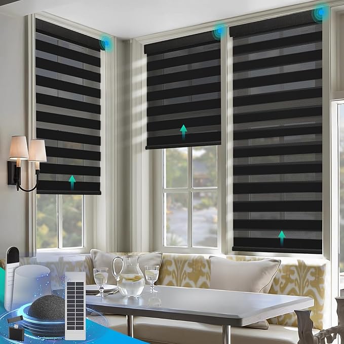 Motorized Zebra Blinds, Solar Powered Dual Layer Automatic Shades with Remote Control, Rechargeable Smart Blinds Horizontal Wireless Electric Shades for Windows, Custom Size, Black， 24 x 72