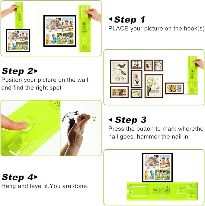 Picture Hanging Kit, Goodsnova Picture Hanging Tool with Level for Easy Marking Position, Including 218PCS Instaframe Hanging Kit with Hooks, Nails, Wires, Hammer for Art/ Photos (Green)