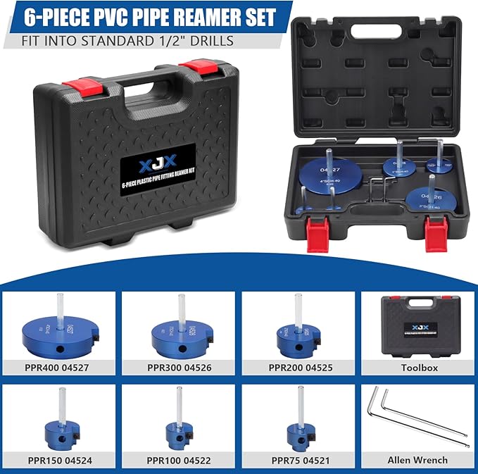 XJX 6-Piece PVC Pipe Reamer Kit, 3/4”, 1”, 1-1/2”, 2”, 3”, 4” Head PVC Fitting Socket Saver with PPR75, PPR100, PPR150, PPR200, PPR300 and PPR400 fit into standard 1/2" drills