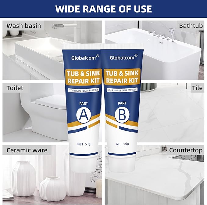 Tub Repair Kit White, Fiberglass Shower tub and Porcelain Sink Repair Kit, Acrylic, Enamel, Ceramics Tile Toilet and Shower Bath Repair Kit, Repair Cracks, Fragments, Holes and pits