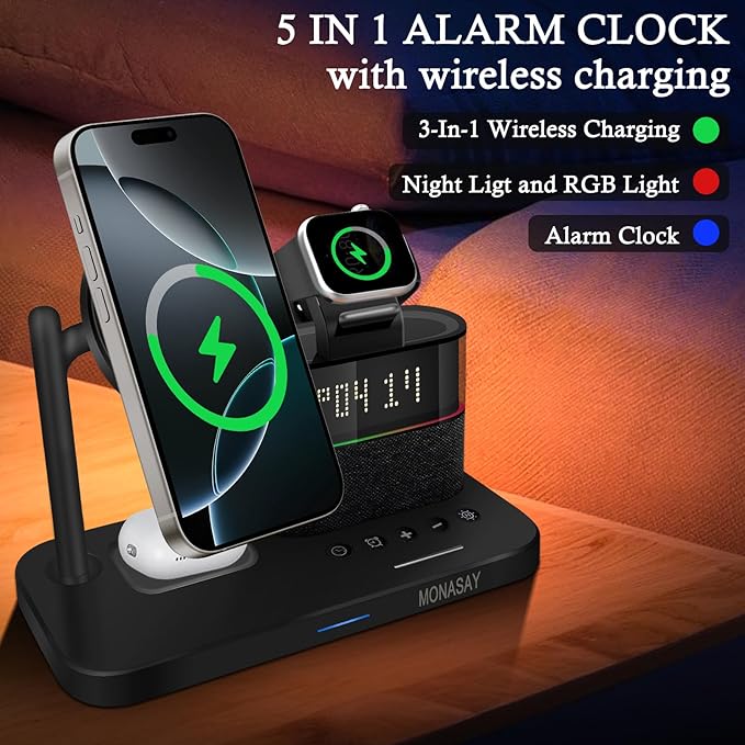 MONASAY Qi2 5 in 1 Wireless Charging Station, 23W Wireless Charger with Alarm Clock for Multiple Devices, Magnetic Charger Stand for iPhone 16/15/14/13/12 Series and AirPods, Apple Watch Series, Black