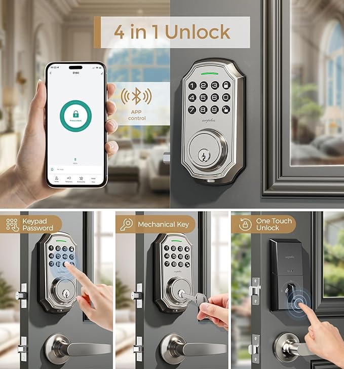 Smart Keyless Entry Door Lock with 2 Handle Set - 100 User Codes & One-Time Passcode - App Controlled Electronic Keypad - Auto-Lock Front Door - Easy Install