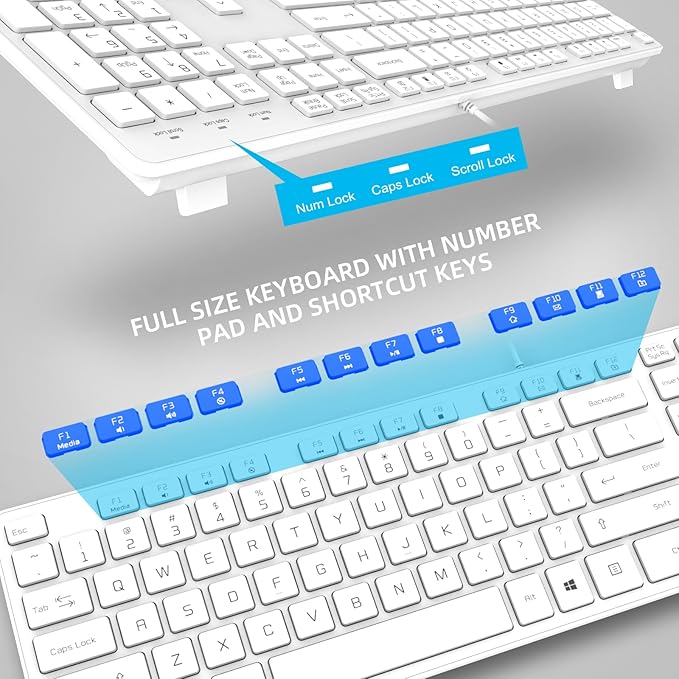 Wired USB Keyboard, Comfortable Quiet Chocolate Keys, Durable Ultra-Slim Wired Computer Keyboard(QWERTY) for PC, Windows 11/10/8/7/XP/Vista KB1430 - White
