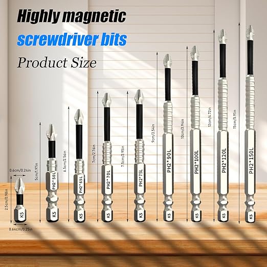 9 Pack High Magnetic Screwdriver Drill Bit Set, k5 Anti Slip bit, Electric Precision Screwdriver Set, 25 50 65 70 75 90 100 120 150mm