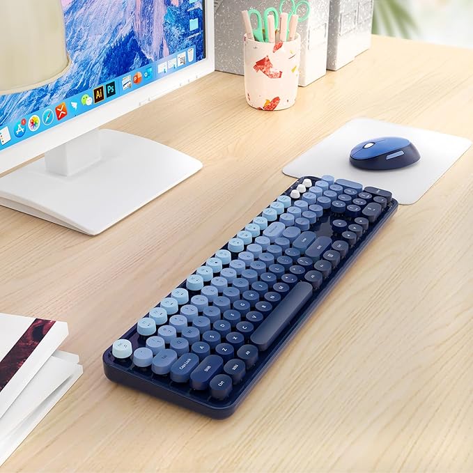 Wireless Keyboard and Mouse Combo, Retro Typewriter Keyboard with Round Keycaps, Full-Size Ergonomic, Blue, Ideal for Windows PC, Home, Office, and College, Wireless Keyboard Mouse Combo