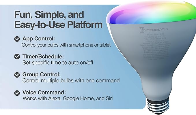 Intermatic ABRA BR30 Wi-Fi Smart Bulb, 750 Lumens - Voice Controlled RGB Color Changing LED, Compatible with Alexa & Google Home - Timers & Schedules, 2.4 GHz Wi-Fi Only, No Hub Required - 1 Pack