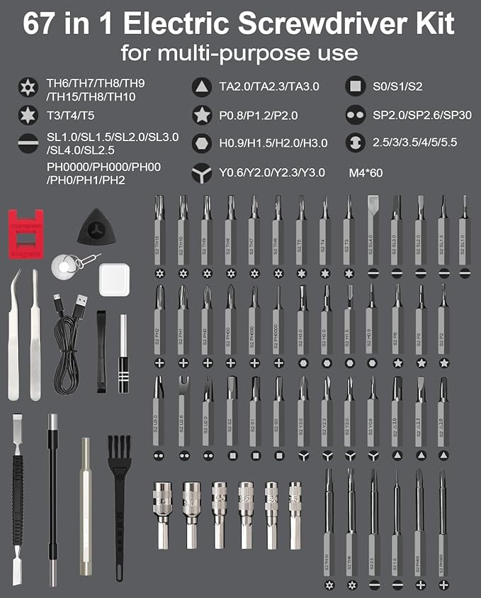 HYCHIKA Precision Screwdriver Set, Mini Electric Screwdriver 67-in-1 with 52 Magnetic Bits, 3 Torque Settings, LED Light & Rechargeable Repair Tool Kit for Computer Phone Camera