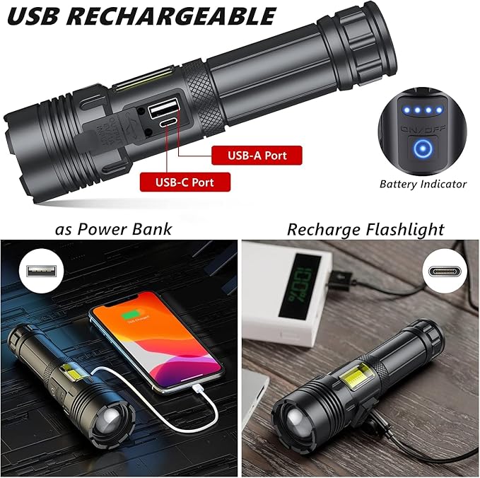 Rechargeable Flashlights High Lumens, 7 Mode Red Flashlight Rechargeable with Side Work Light, Super Bright Tactical Flashlight, High Powered Linternas LED Flashlight for Home Camping 2Pack