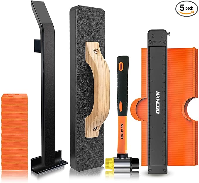 Laminate/Vinyl Flooring Tools, NAACOO Heavy Tapping Block for Vinyl Plank Floor, Heavy Pull Bar, 10”Contour Gauge, 40pc Flooring Spacers, Rubber Mallet - 5 in 1 Floor Installation Kit
