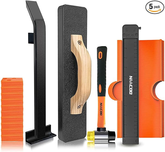 Laminate/Vinyl Flooring Tools, NAACOO Heavy Tapping Block for Vinyl Plank Floor, Heavy Pull Bar, 10”Contour Gauge, 40pc Flooring Spacers, Rubber Mallet - 5 in 1 Floor Installation Kit