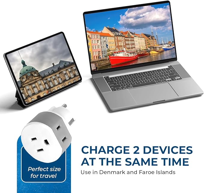 OREI Denmark Power Plug Adapter with 2 USA Inputs - Travel 3 Pack - 1 Type K & 2 Type E/F Safe Grounded Use with Cell Phones, Laptop, Camera Chargers, CPAP, and More