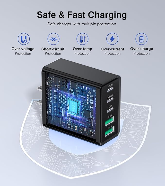 [2-Pack] USB C Wall Charger, 50W Type C Charger Block 5-Port Fast Charging Blocks,3USB C+2USB A Multiport Plug,PD Power Adapter Brick Cube for iPhone 16/15/14/13/12/Pro,iPad,Samsung,for Switch（Black）