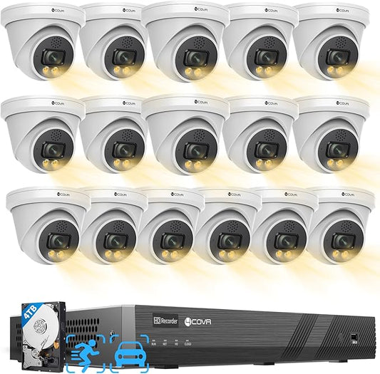 4COVR 4K 16 Channel NVR 4TB Camera Security System, 2-Way Talk & Dual Lights Smart Full Color Night Vision, AI Smart Detection, 16x 8MP Commercial IP67 PoE IP Dome Camera for Business, LY97KA8M1616