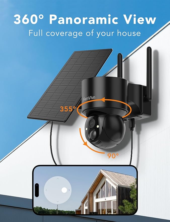 2K Solar Security Cameras Wireless Outdoor, 360°PTZ Battery Powered Cameras for Home Security, 2.4G WiFi Outdoor Camera with Color Night Vision, IP66 Waterproof, Motion Sensor Alarm, Black，2Pack