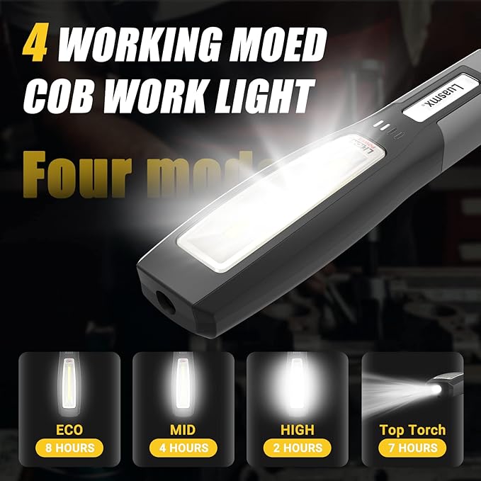 Luasmx Rechargeable LED Work Light, Black, Portable Hook Mechanic Flashlight for Car Repair/Mechanics/Camping/Emergency