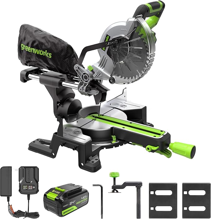 Greenworks 24V Brushless 7-1/4" Sliding Compound Miter Saw Kit, 4800RPM, Single Bevel 0-47°, LED Cut Line, Dust Collection, 4.0Ah Battery & Charger Included