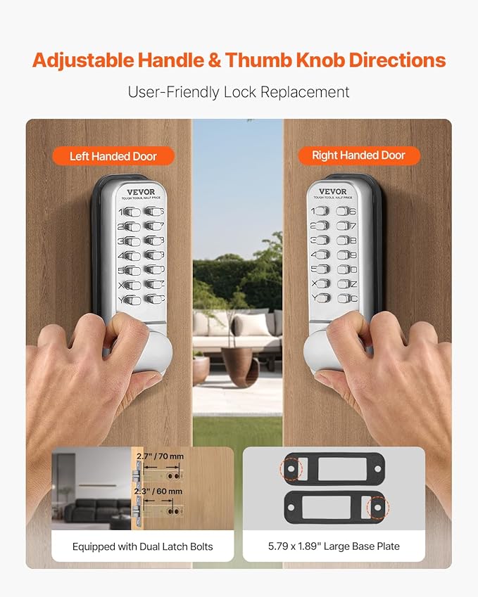 VEVOR Mechanical Keyless Entry Door Lock, 14 Key Mechanical Door Lock, Mechanical Keypad Door Knob, Single-Side Stainless Steel Waterproof Keyless Gate Lock, for Home Office Outdoor Fence Garage Yard