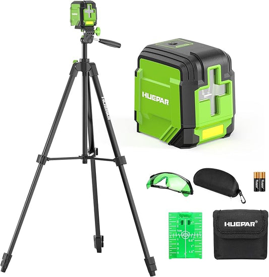 Laser Level with 60in Tripod, HUEPAR 98Ft Self Leveling Laser Level Green Line Laser Cross Line Laser Leveler Tool for Picture Hanging, Tile, Home Renovation, Indoor Project, Battery&Goggles Included
