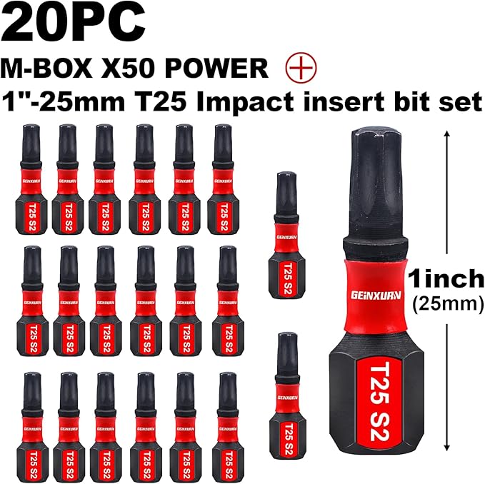 20 Pieces 1 In. T25 Impact Tough Magnetic Screwdriver Bit Set, #25 Torx Head Insert Bits, S2 Alloy Steel Star Bits with Storage M-Box