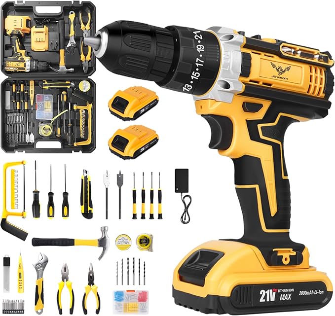 Cordless Drill Tool Kit Set: 21V Power Drill Tool Box with Battery, 2-Speed, 42N.m Max, Electric Screwdriver Driver for Men Home Hand Repair Basic Toolbox Tools Sets Drills Case