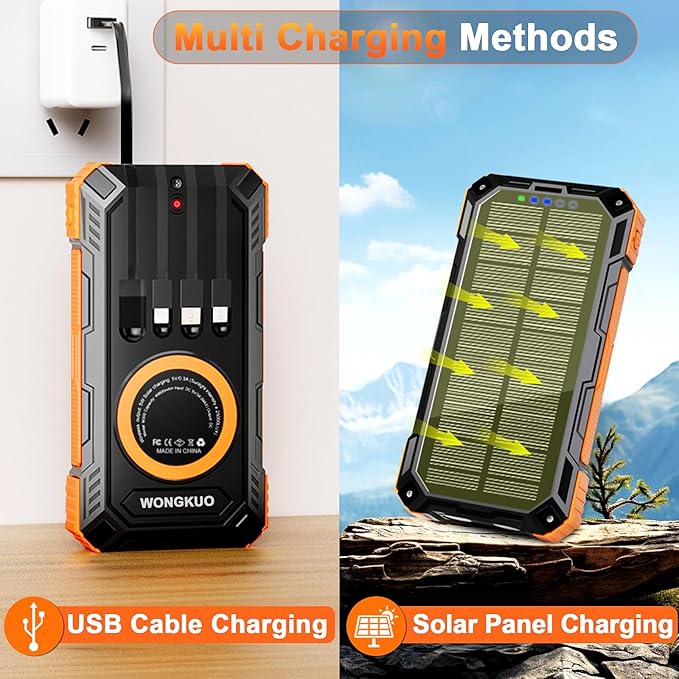 WONGKUO Solar Charger Power Bank - 49800mAh Solar Phone Charger with USB-C in/Output, QC 3.0 Fast Charging with LED Flashlight, Portable Power Bank Built-in 4 Cables, IP65 Waterproof Fits for Outdoor