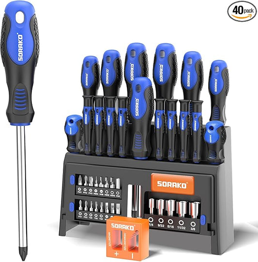 SORAKO 40-Piece Screwdriver Set, Multi-Purpose Magnetic Screwdriver Set with Case, Magnetic Screwdriver Set with Go-Thru Steel Blades | High Torque, Plastic Racking