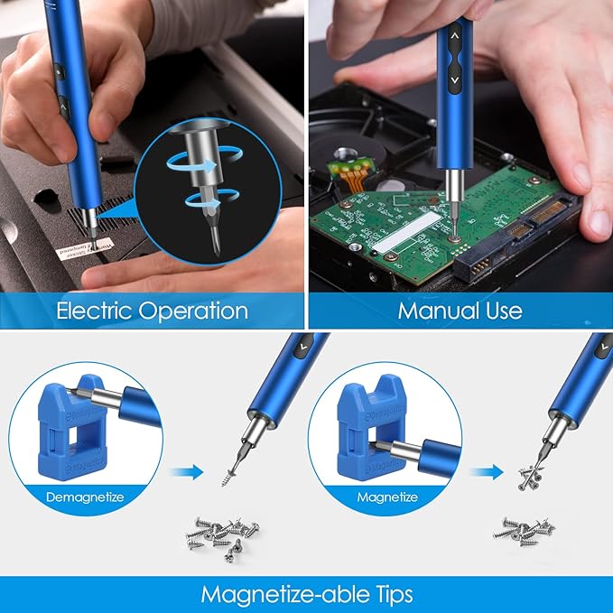 AMIR Electric Screwdriver for PC Building, 28 IN 1 Small Power Automatic Screwdriver Set with 24 Bits, Rechargeable Portable Magnetic Repair Tool Kit with LED Lights for Laptops, Watches, Blue