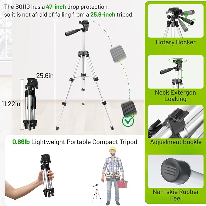 Laser Level with Tripod, Huepar 100Ft Self Leveling Green Cross Line DIY Laser Leveler Tool for Picture Hanging Floor Tile Wall Home Renovation, Gift for Him Father Husband Boyfriend (25.6in Tripod)