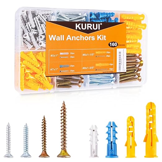 KURUI Wall Anchors Kit for Hanging Wall Art Decor, 160Pcs Drywall Anchors Assortment Kit for Frame Shelf Decorations, Plant Hooks, 135 Screws and 135 Plugs, Picture Hangers for Drywall Concrete Brick