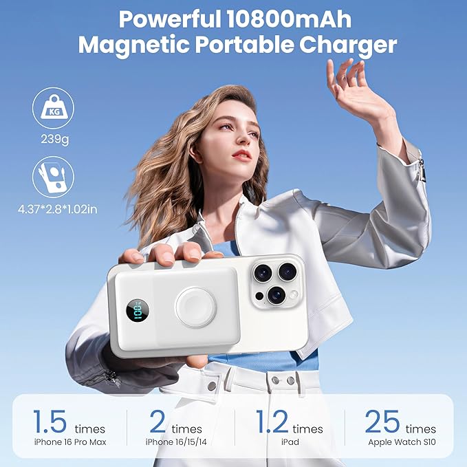 Magnetic Portable Charger 10800mAh for iPhone with Built-in Cables, 6-in-1 Wireless Power Bank with iWatch Charger, 25W PD Fast Charging USB C Battery Pack for iPhone 16/15/14/13/12,Apple Watch(White)